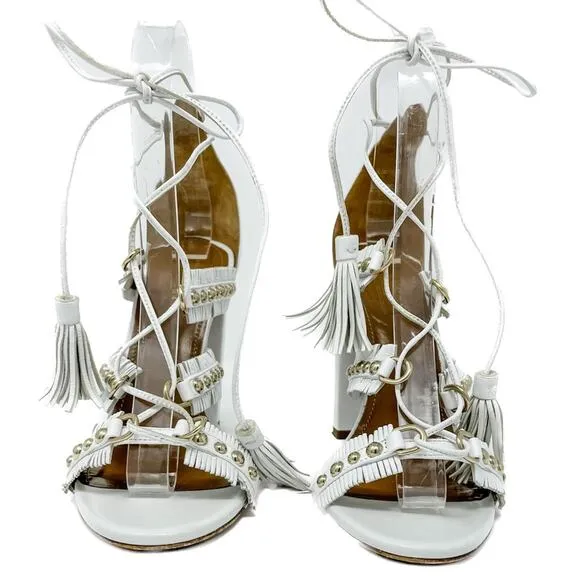 Aquazzura White Tulum Fringed Leather Studded Gladiator Sandal size 37.5