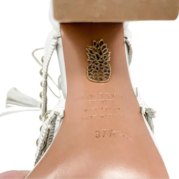 Aquazzura White Tulum Fringed Leather Studded Gladiator Sandal size 37.5
