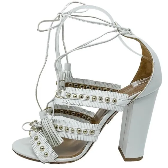 Aquazzura White Tulum Fringed Leather Studded Gladiator Sandal size 37.5