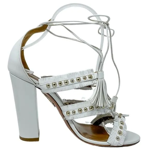 Aquazzura White Tulum Fringed Leather Studded Gladiator Sandal size 37.5
