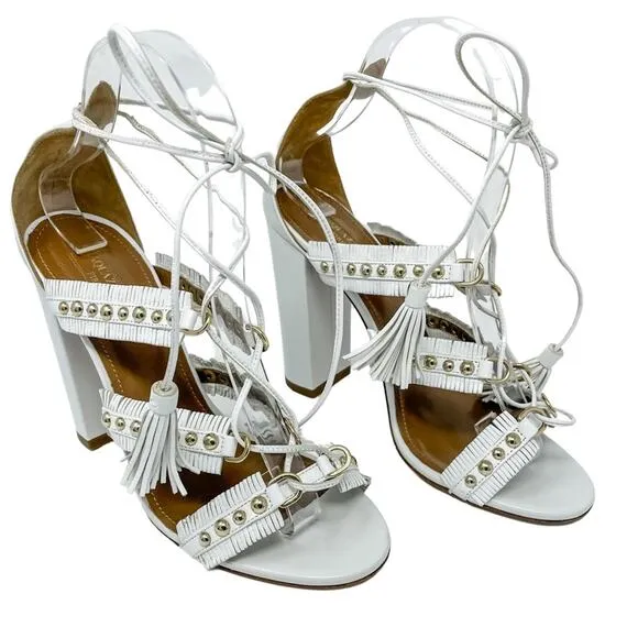 Aquazzura White Tulum Fringed Leather Studded Gladiator Sandal size 37.5