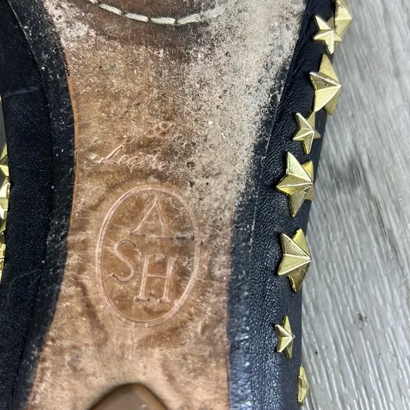 Ash Black Leather Star Spikey Flats
