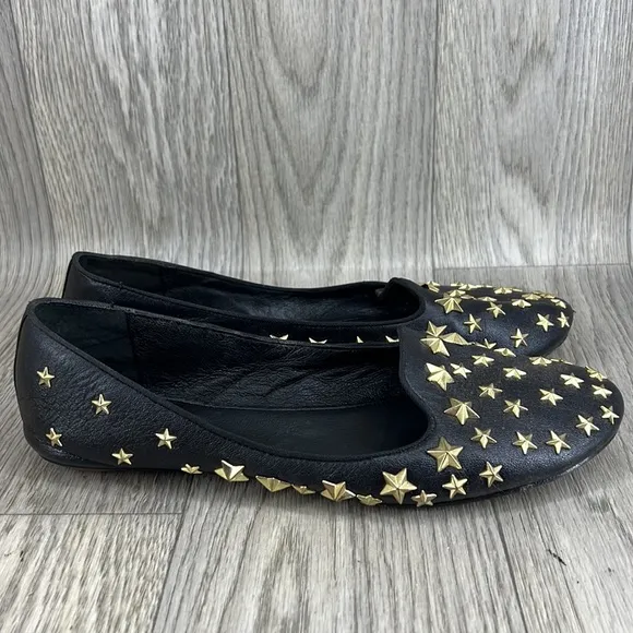 Ash Black Leather Star Spikey Flats