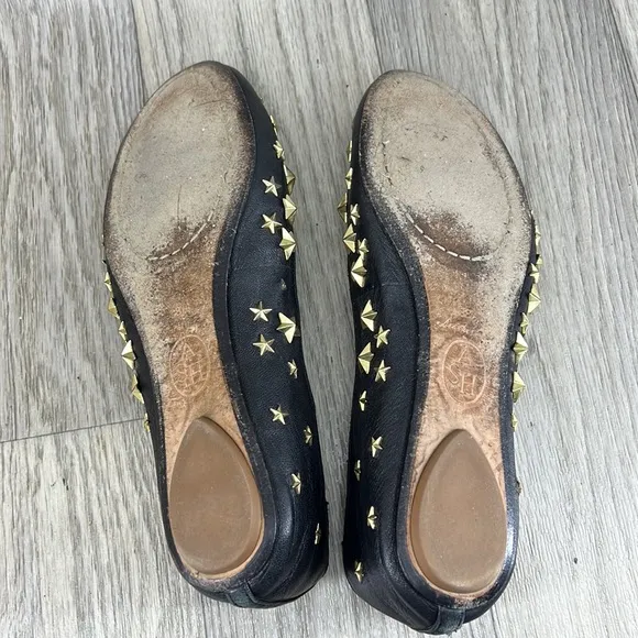 Ash Black Leather Star Spikey Flats
