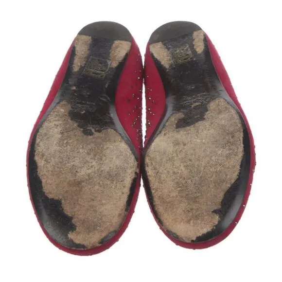 AUTH Valentino Ballet Flats Red Suede Silver Crystal Studded Shoes EU 40 US 10