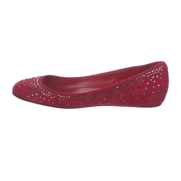 AUTH Valentino Ballet Flats Red Suede Silver Crystal Studded Shoes EU 40 US 10