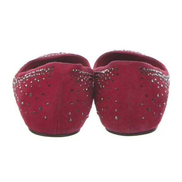 AUTH Valentino Ballet Flats Red Suede Silver Crystal Studded Shoes EU 40 US 10
