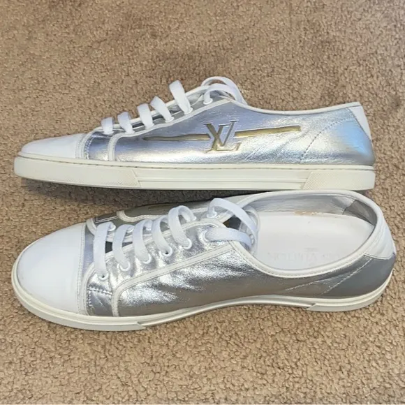 Authentic Louis Vuitton Metallic Unisex silver &amp; white leather sneaker altered
