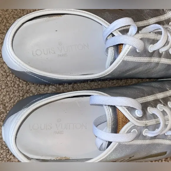 Authentic Louis Vuitton Metallic Unisex silver &amp; white leather sneaker altered