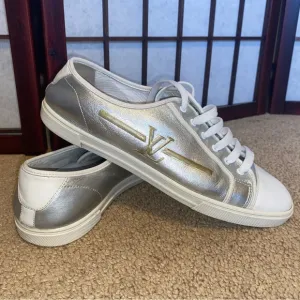 Authentic Louis Vuitton Metallic Unisex silver &amp; white leather sneaker altered