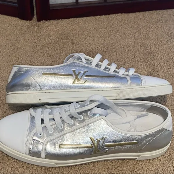 Authentic Louis Vuitton Metallic Unisex silver &amp; white leather sneaker altered