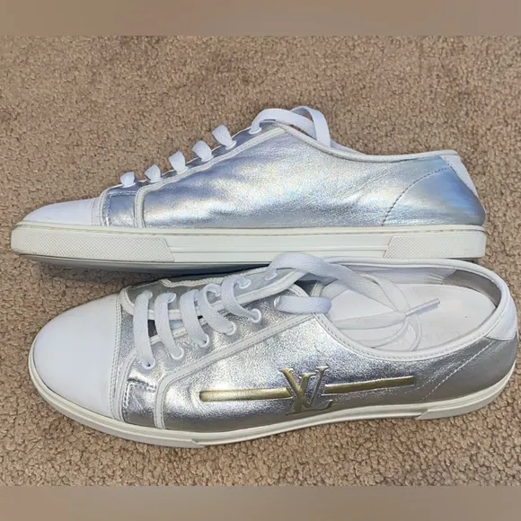 Authentic Louis Vuitton Metallic Unisex silver &amp; white leather sneaker altered