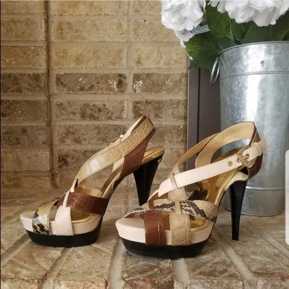 AUTHENTIC Michael Kors Beige Snakeskin Brown Black Leather Platform Sandals
