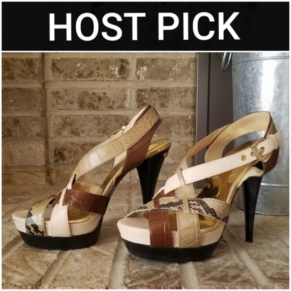 AUTHENTIC Michael Kors Beige Snakeskin Brown Black Leather Platform Sandals
