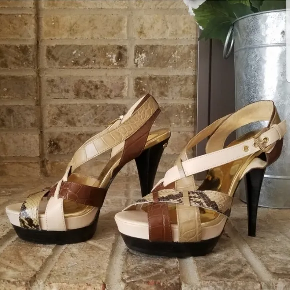 AUTHENTIC Michael Kors Beige Snakeskin Brown Black Leather Platform Sandals