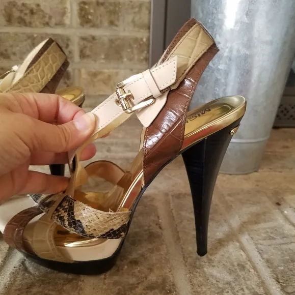 AUTHENTIC Michael Kors Beige Snakeskin Brown Black Leather Platform Sandals