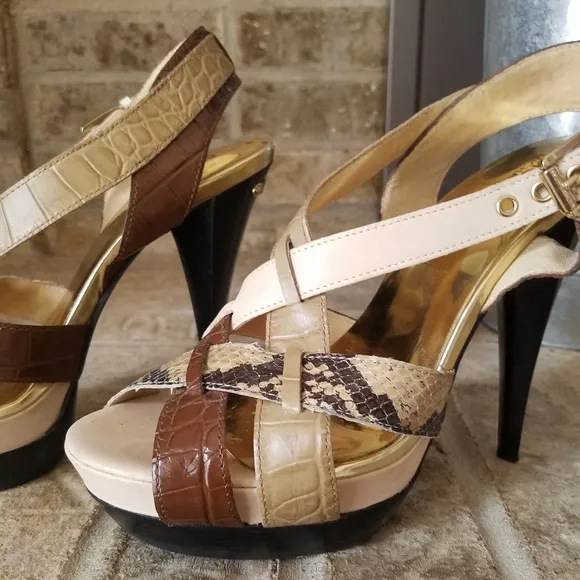 AUTHENTIC Michael Kors Beige Snakeskin Brown Black Leather Platform Sandals
