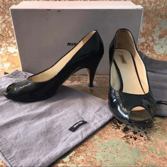 AUTHENTIC MIU MIU PEEP TOE LOW HEEL PUMPS WITH BOX