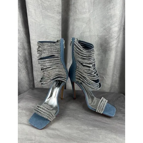 Azalea Wang Cicely Embellished Gladiator Sz 8.5 Stiletto Denim Sparkles Sexy