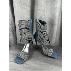 Azalea Wang Cicely Embellished Gladiator Sz 8.5 Stiletto Denim Sparkles Sexy