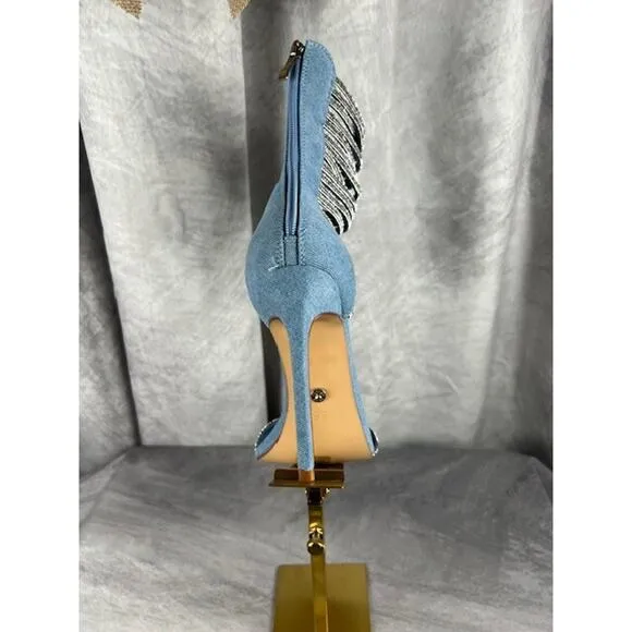 Azalea Wang Cicely Embellished Gladiator Sz 8.5 Stiletto Denim Sparkles Sexy