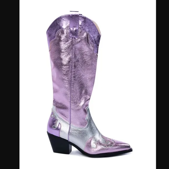 Azalea Wang Glam Cowgirl Boots Hendrix Pink Metallic Silver Western NEW Size 8.5