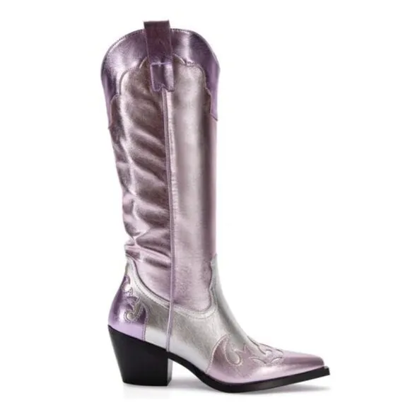 Azalea Wang Glam Cowgirl Boots Hendrix Pink Metallic Silver Western NEW Size 8.5
