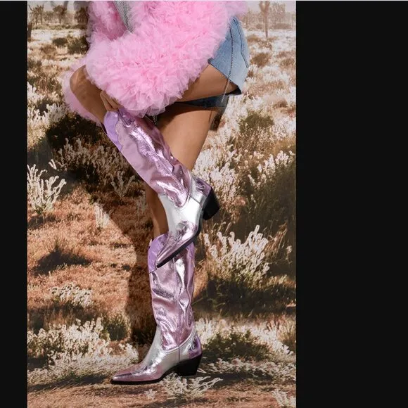 Azalea Wang Glam Cowgirl Boots Hendrix Pink Metallic Silver Western NEW Size 8.5