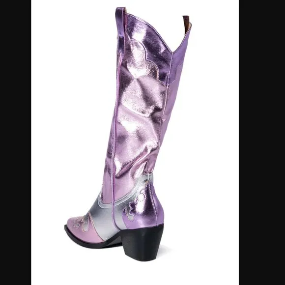 Azalea Wang Glam Cowgirl Boots Hendrix Pink Metallic Silver Western NEW Size 8.5