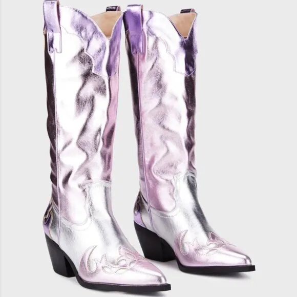 Azalea Wang Glam Cowgirl Boots Hendrix Pink Metallic Silver Western NEW Size 8.5