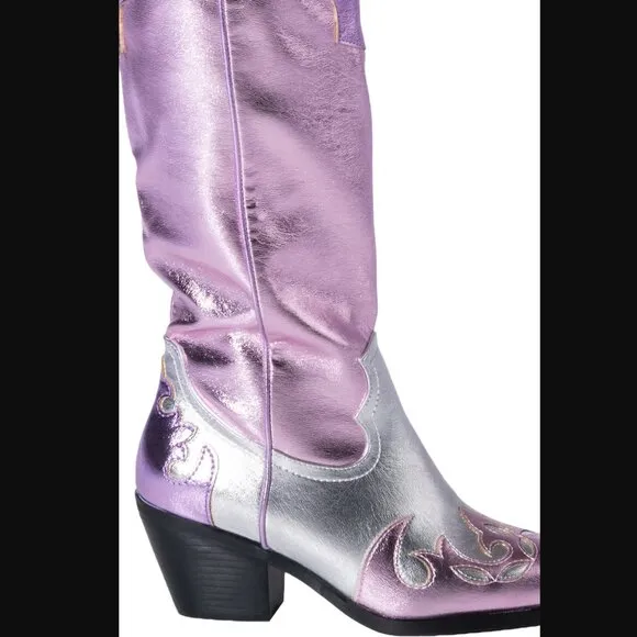 Azalea Wang Glam Cowgirl Boots Hendrix Pink Metallic Silver Western NEW Size 8.5