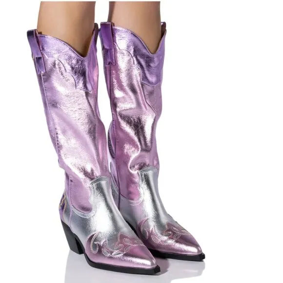 Azalea Wang Glam Cowgirl Boots Hendrix Pink Metallic Silver Western NEW Size 8.5