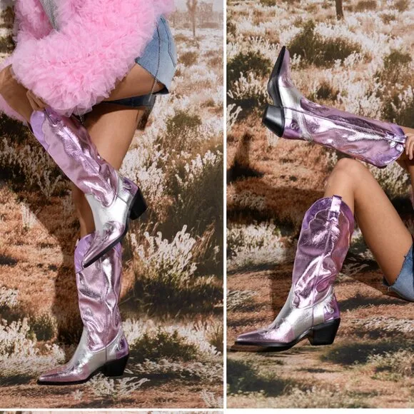 Azalea Wang Glam Cowgirl Boots Hendrix Pink Metallic Silver Western NEW Size 8.5