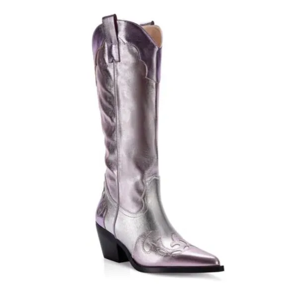 Azalea Wang Glam Cowgirl Boots Hendrix Pink Metallic Silver Western NEW Size 8.5