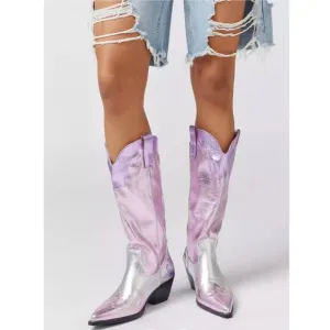 Azalea Wang Glam Cowgirl Boots Hendrix Pink Metallic Silver Western NEW Size 8.5