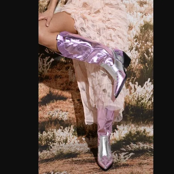 Azalea Wang Glam Cowgirl Boots Hendrix Pink Metallic Silver Western NEW Size 8.5
