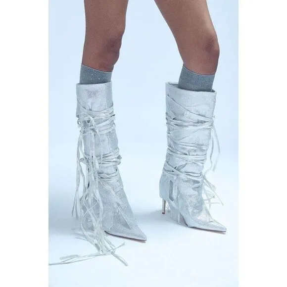 AZALEA WANG Silver Stilleto Style Point Toe Cowboy Western Shoes sz 10 $150