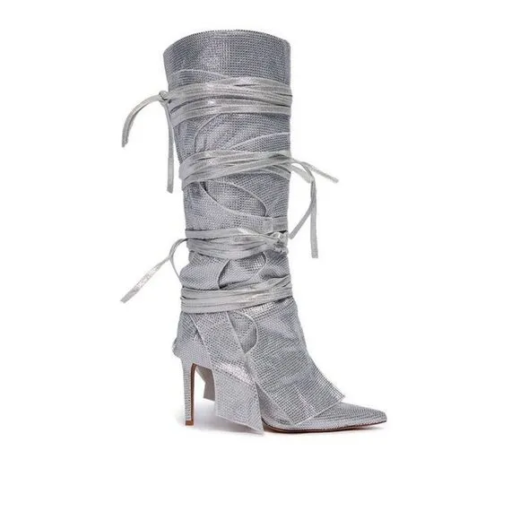 AZALEA WANG Silver Stilleto Style Point Toe Cowboy Western Shoes sz 10 $150
