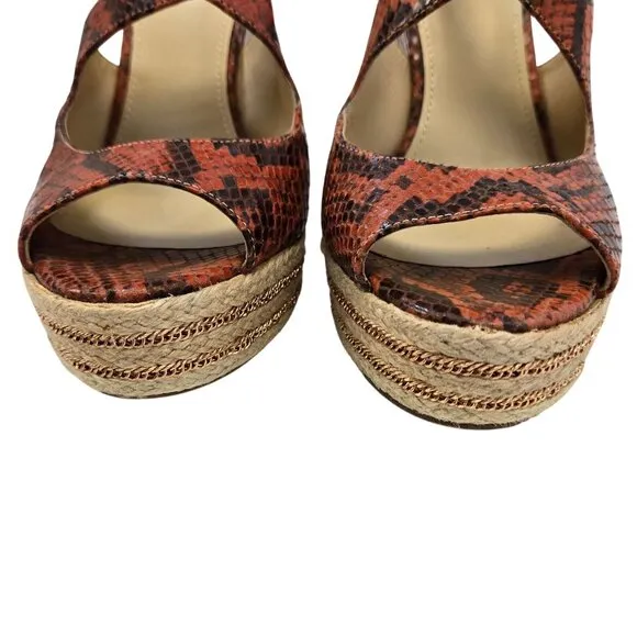 B Brian Atwood Leather Dekoda Snake-Print Platform Wedge Sandals Size 6