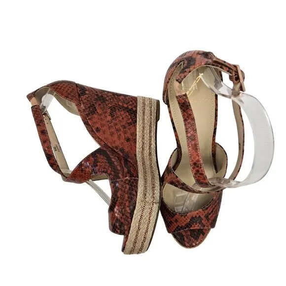 B Brian Atwood Leather Dekoda Snake-Print Platform Wedge Sandals Size 6
