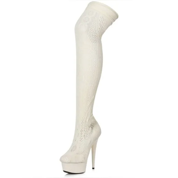 🦋B2G1🦋ELLIE SHOES  6&quot; WHITE Stiletto Stocking Thigh High Boot | 609-MEI |