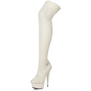 🦋B2G1🦋ELLIE SHOES  6&quot; WHITE Stiletto Stocking Thigh High Boot | 609-MEI |