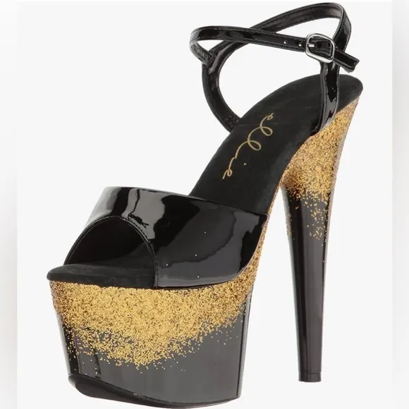 🦋B2G1🦋ELLIE SHOES 7&quot; Pointed Stiletto Platform Mule Shoes Gold/Black | 709-CARI