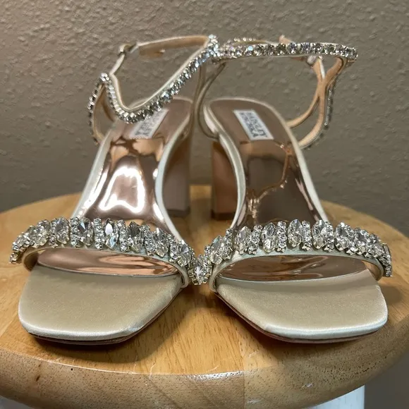 Badgley Mischka Ankle Strap Heeled Champagne Colored Rhinestone Heels Sandals