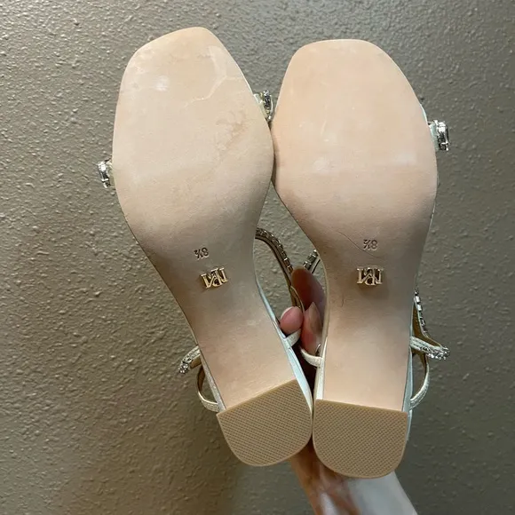 Badgley Mischka Ankle Strap Heeled Champagne Colored Rhinestone Heels Sandals