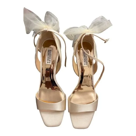 Badgley Mischka BHLDN Kim Heeled Sandals Mesh Bow Detail Ankle Strap Sz 10