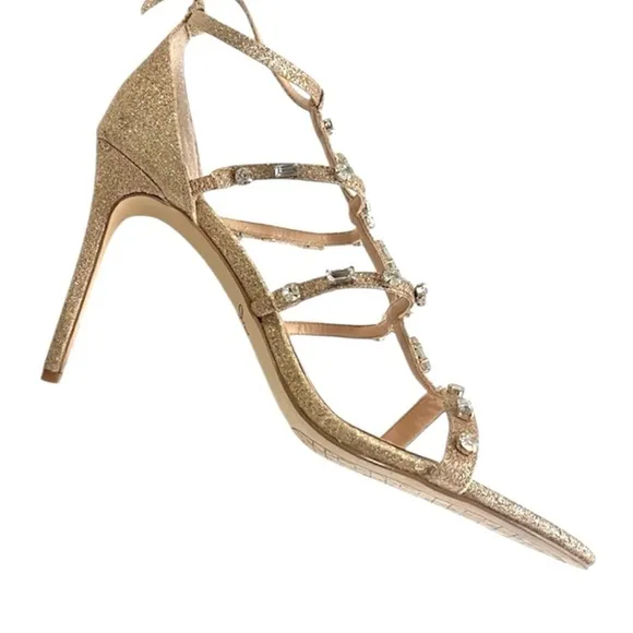 Badgley Mischka Jewel Adela embellished strappy gold  evening sandals si…