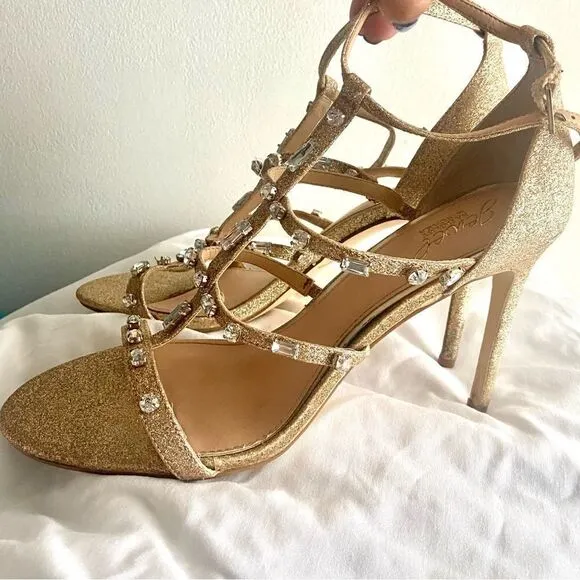 Badgley Mischka Jewel Adela embellished strappy gold  evening sandals si…