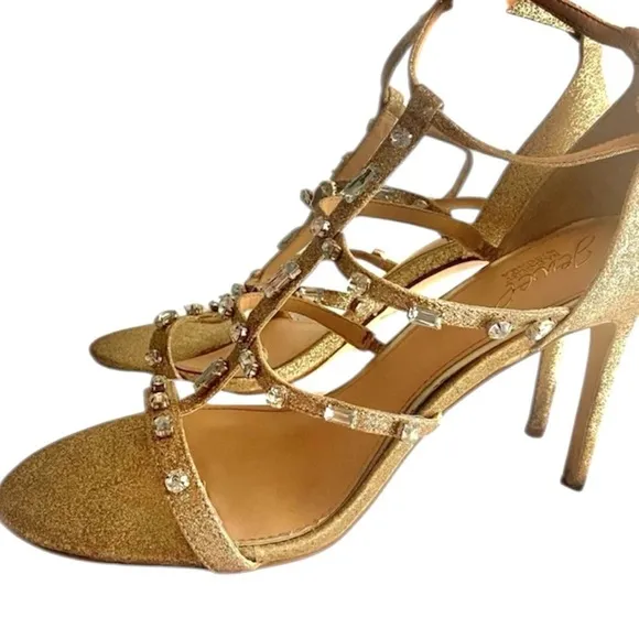 Badgley Mischka Jewel Adela embellished strappy gold  evening sandals si…