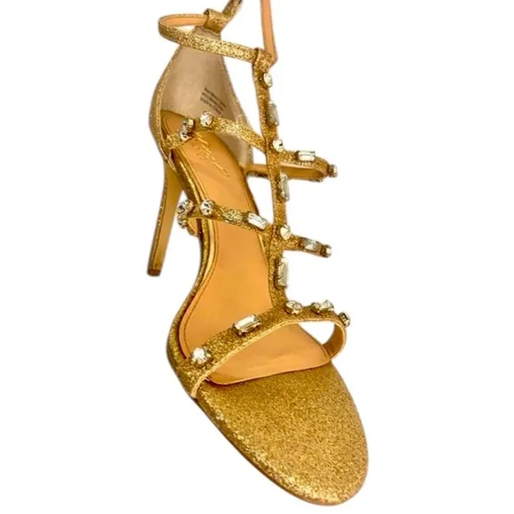 Badgley Mischka Jewel Adela embellished strappy gold  evening sandals si…